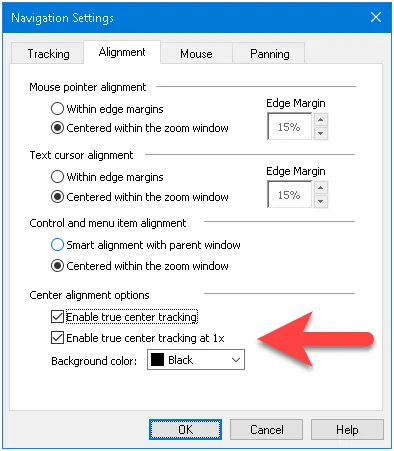 Alignment tab with mouse pointer, text cursor, control and menu items, and center alignment settings. A red arrow shows the location of the center alignment options.