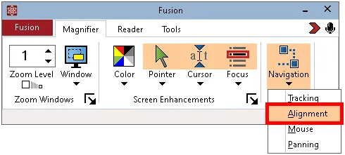 Magnifier toolbar tab with the Navigation button and Alignment option selected.