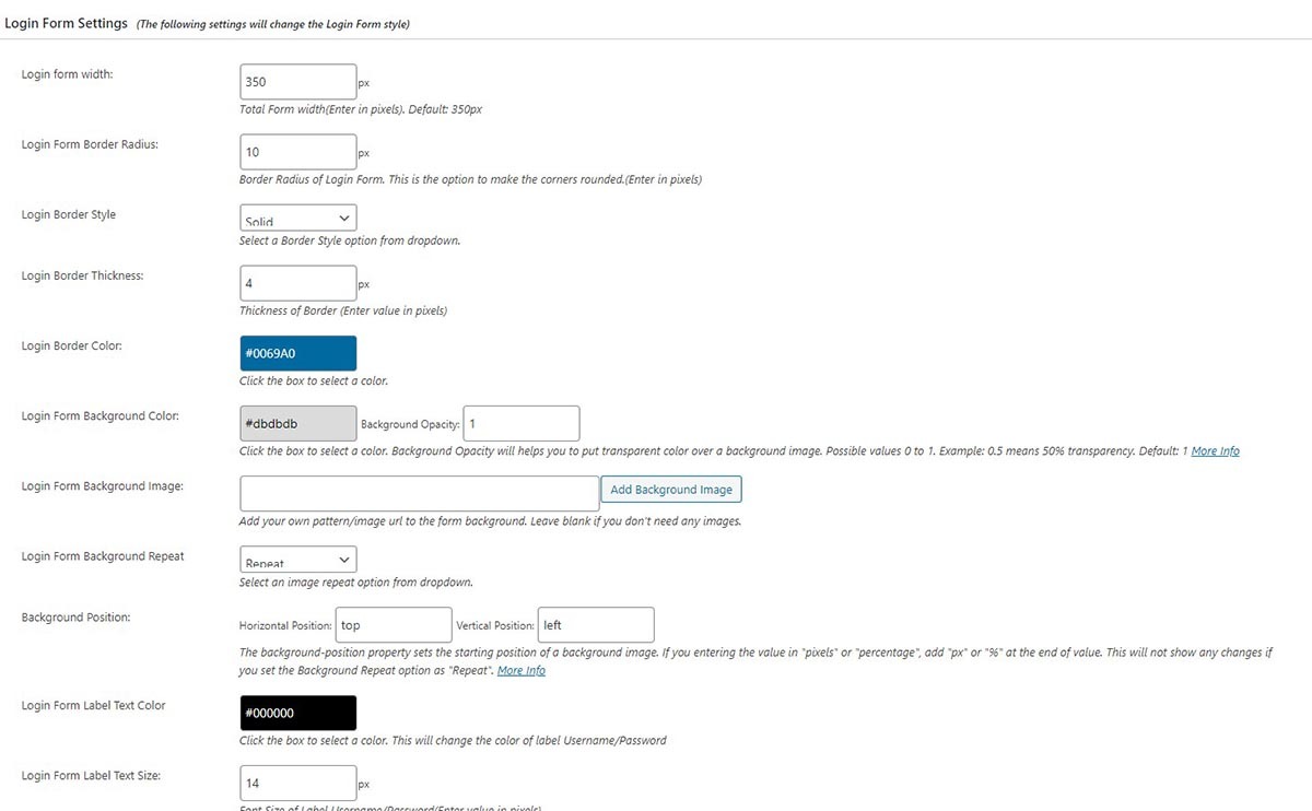 Change Login Form Settings