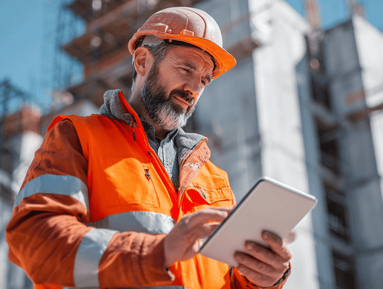 Construction engineer using a tablet on a job site