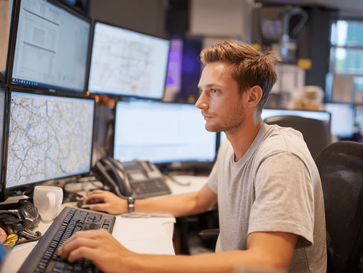 Logistics coordinator tracking shipments on multiple monitors