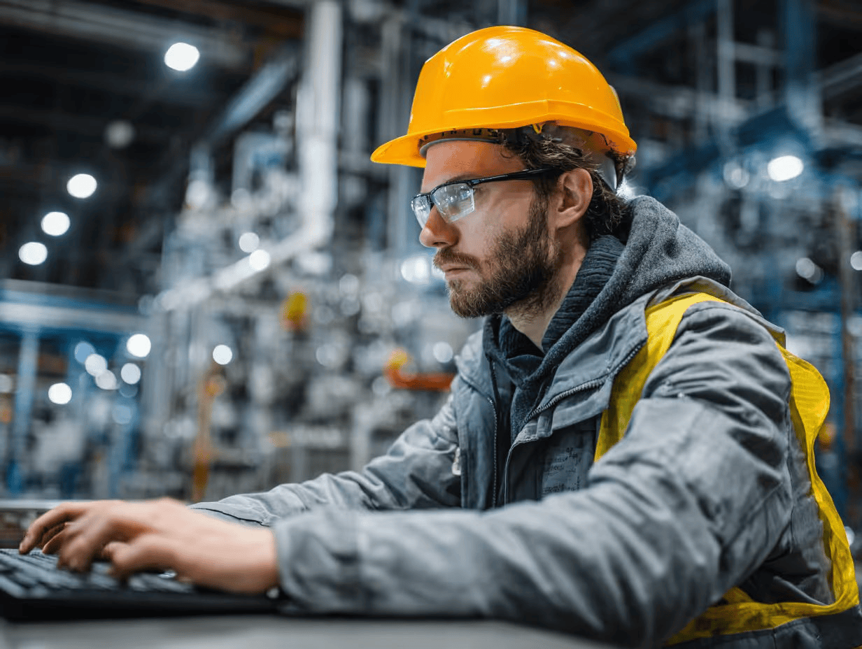 Engineer in a hard hat working in an industrial facility