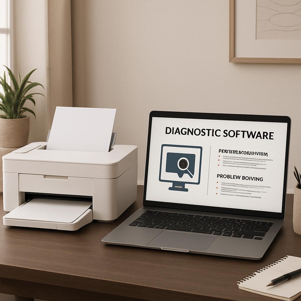 Laptop zum Drucken mit 'Diagnose-Software' auf dem Bildschirm.