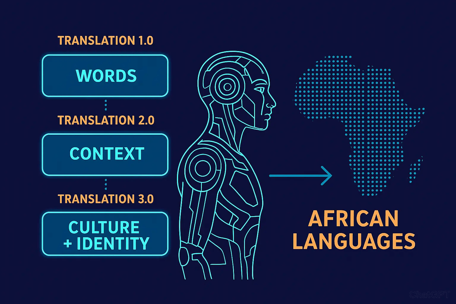 A tech-style infographic showing the evolution of translation: Translation 1.0 (Words), Translation 2.0 (Context), and Translation 3.0 (Culture + Identity), with African languages forming the backbone.