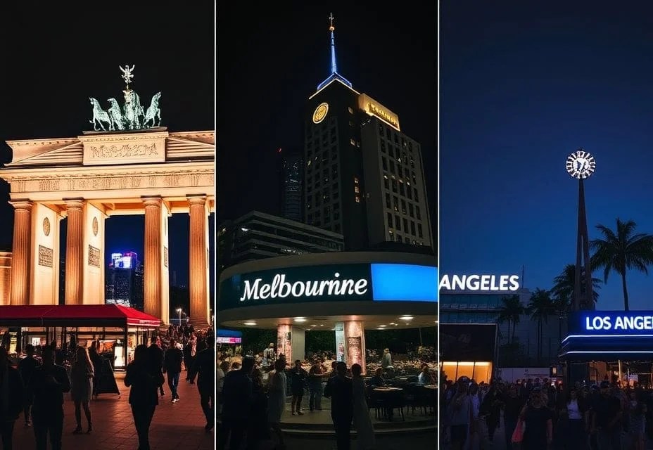 Nightlife scenes from Berlin, Melbourne, and Los Angeles showcasing vibrant sober events and late-night cafés.