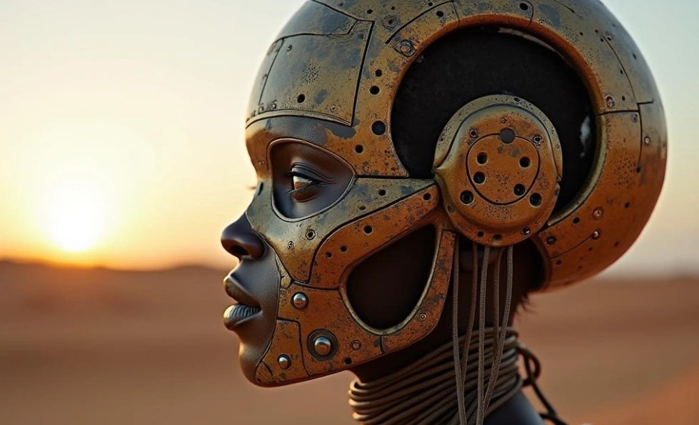A futuristic digital image of an African figure in robotic attire, blending traditional African aesthetics with AI-inspired design, symbolizing the future of African languages in artificial intelligence.