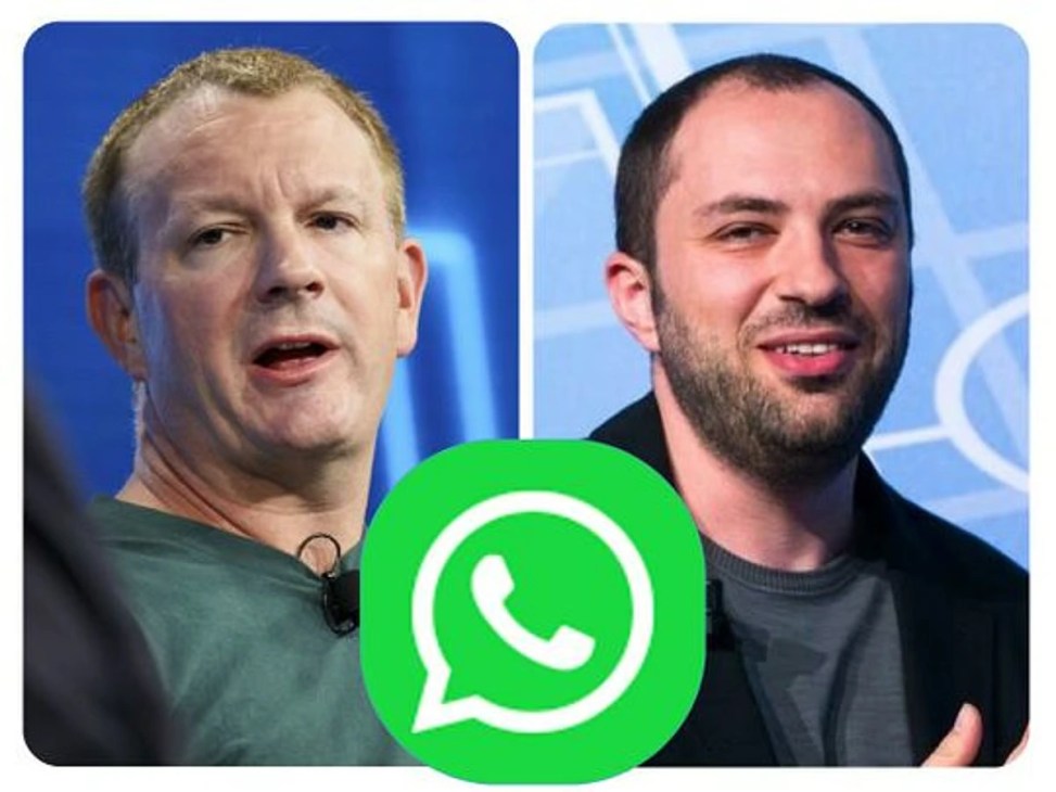 WhatsApp founders Jan Koum and Brian Acton are pictured side by side in a split-screen portrait.