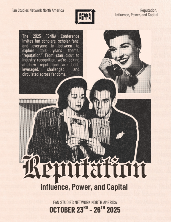 The program cover for the FSNNA conferencing, showing a retro-printed shot of two people looking at a magazine and making scandalized faces.