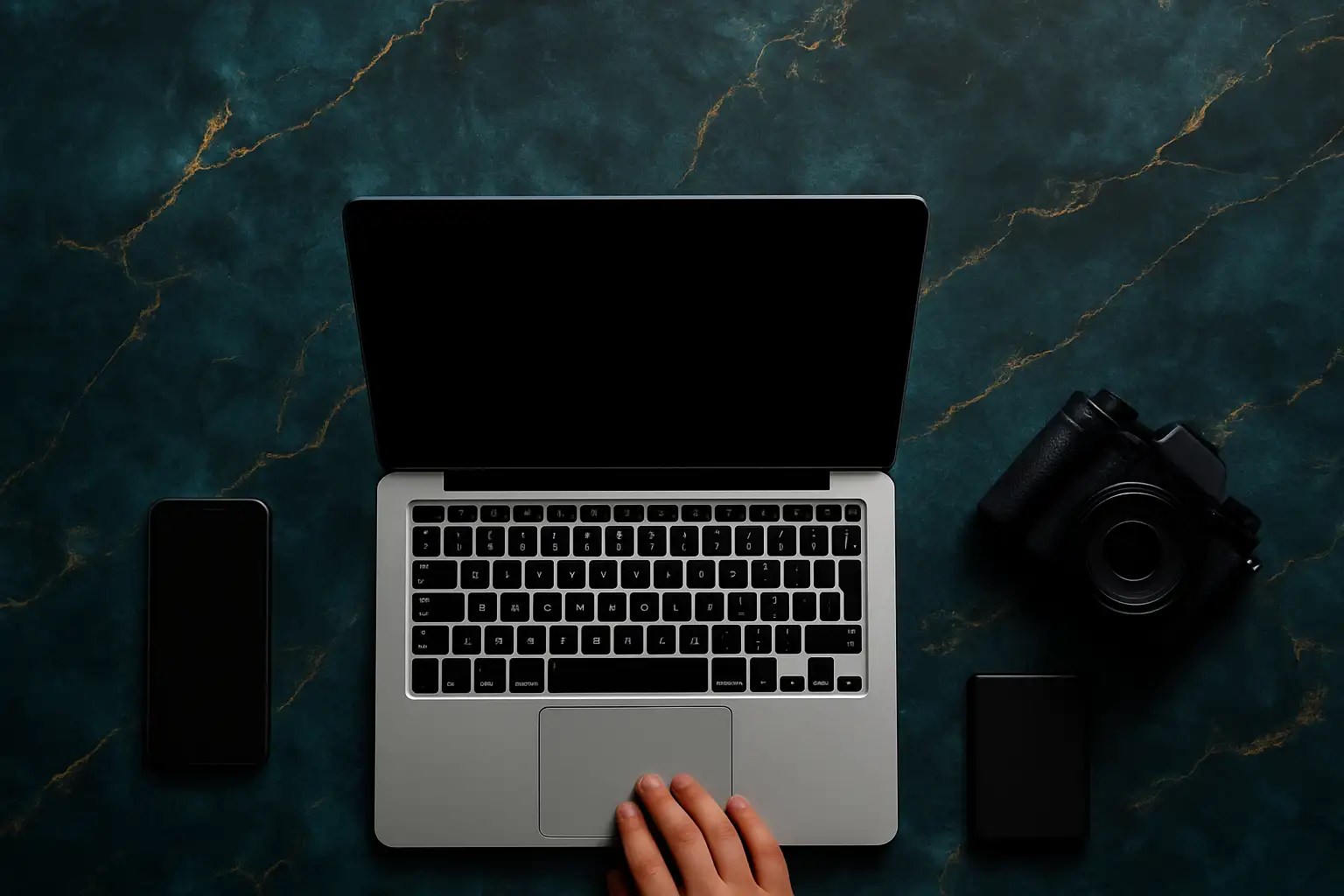 Various pre-owned tech devices including laptops, smartphones, and tablets on a desk