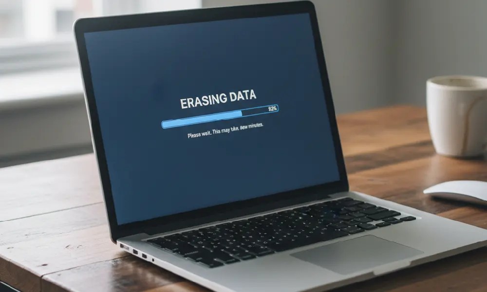 MacBook screen shows "Erase All Content and Settings.