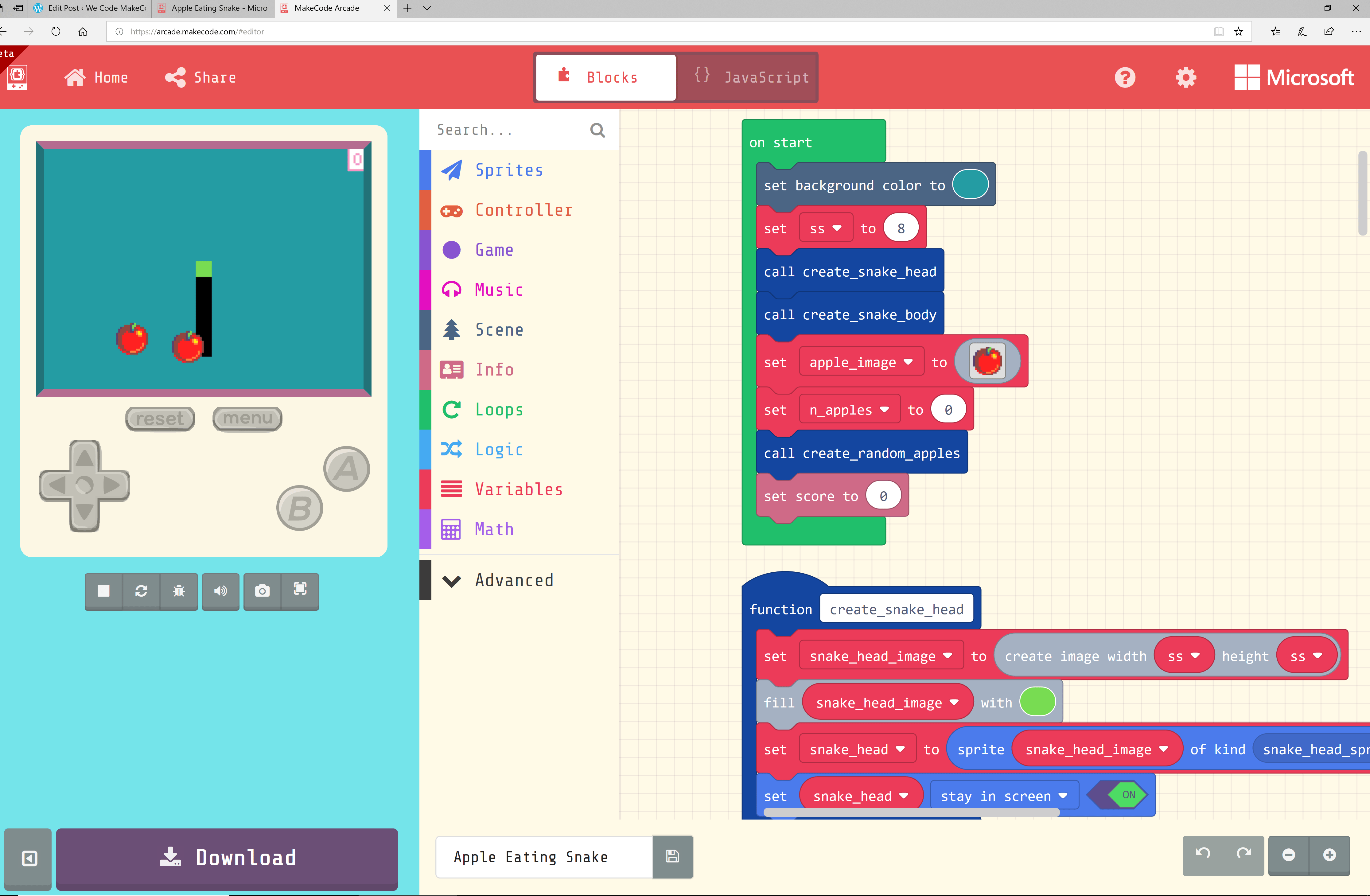 snake in makecode with sim | We Code MakeCode