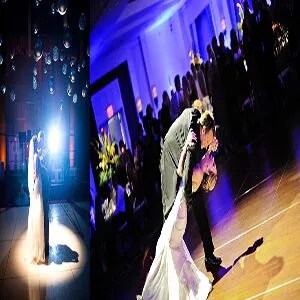 Follow spotlight holding a couple during their wedding first dance