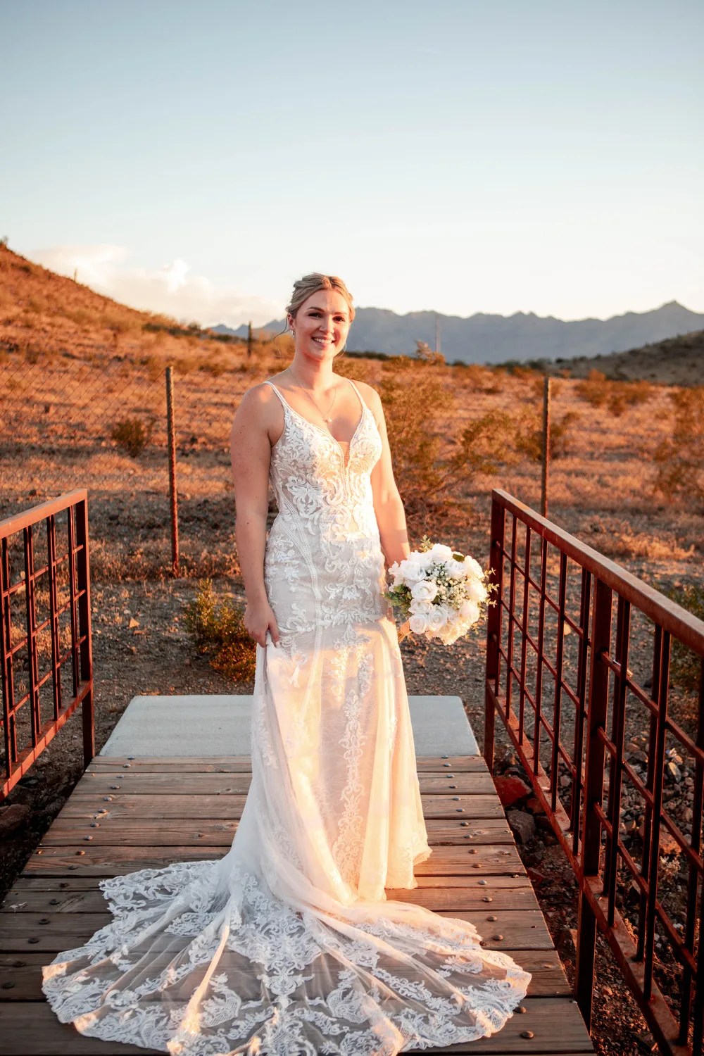 Bride with South Mountain behind her at Ashley's Backyard