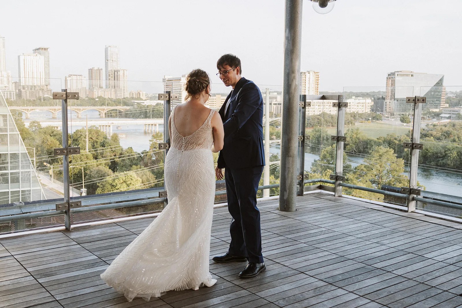 Bride on the Roof Garden deck at the Austin Central Library in Austin, TX