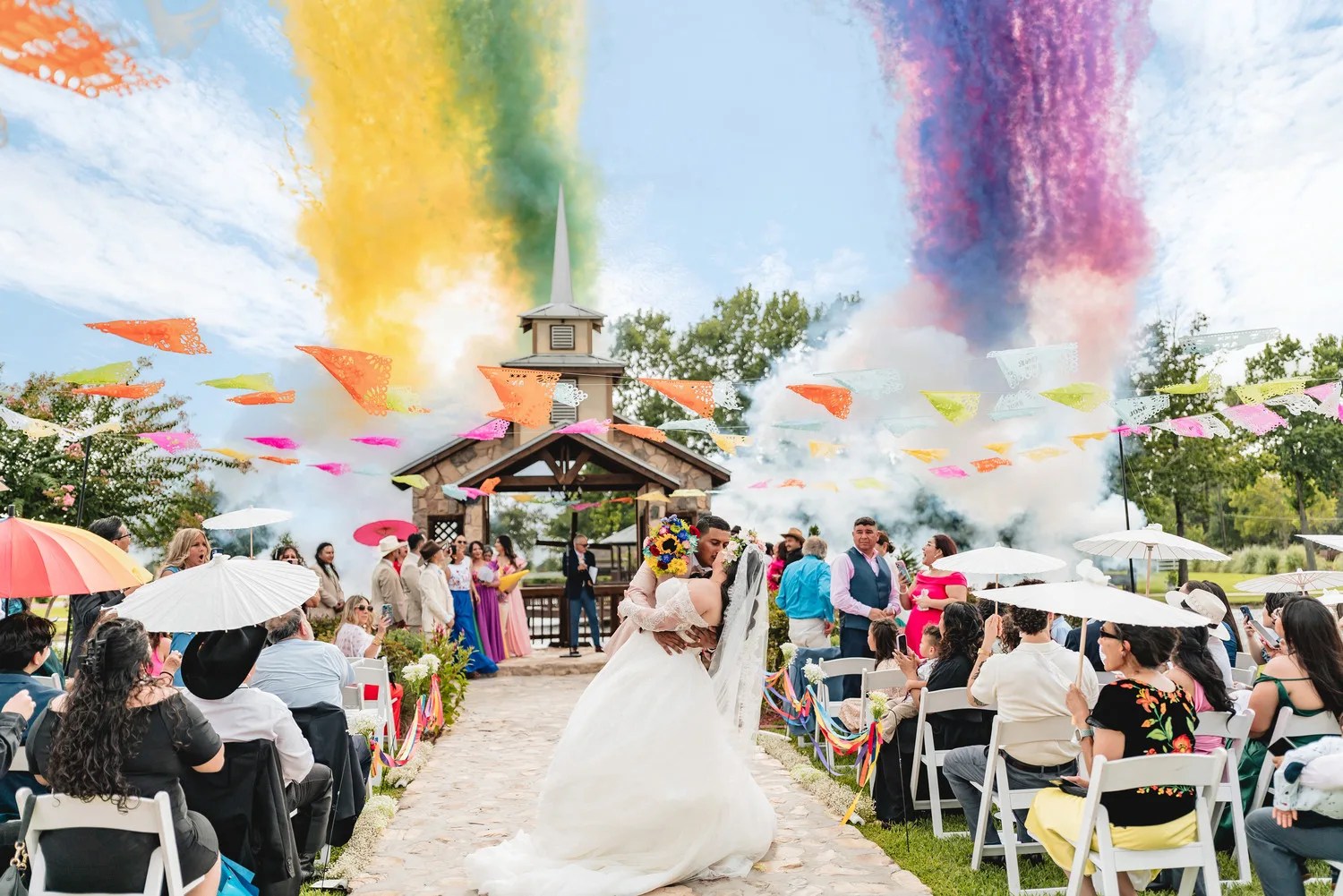 Ceremony finale with colored smoke cannons at Bonanza Ranch, Crosby, TX
