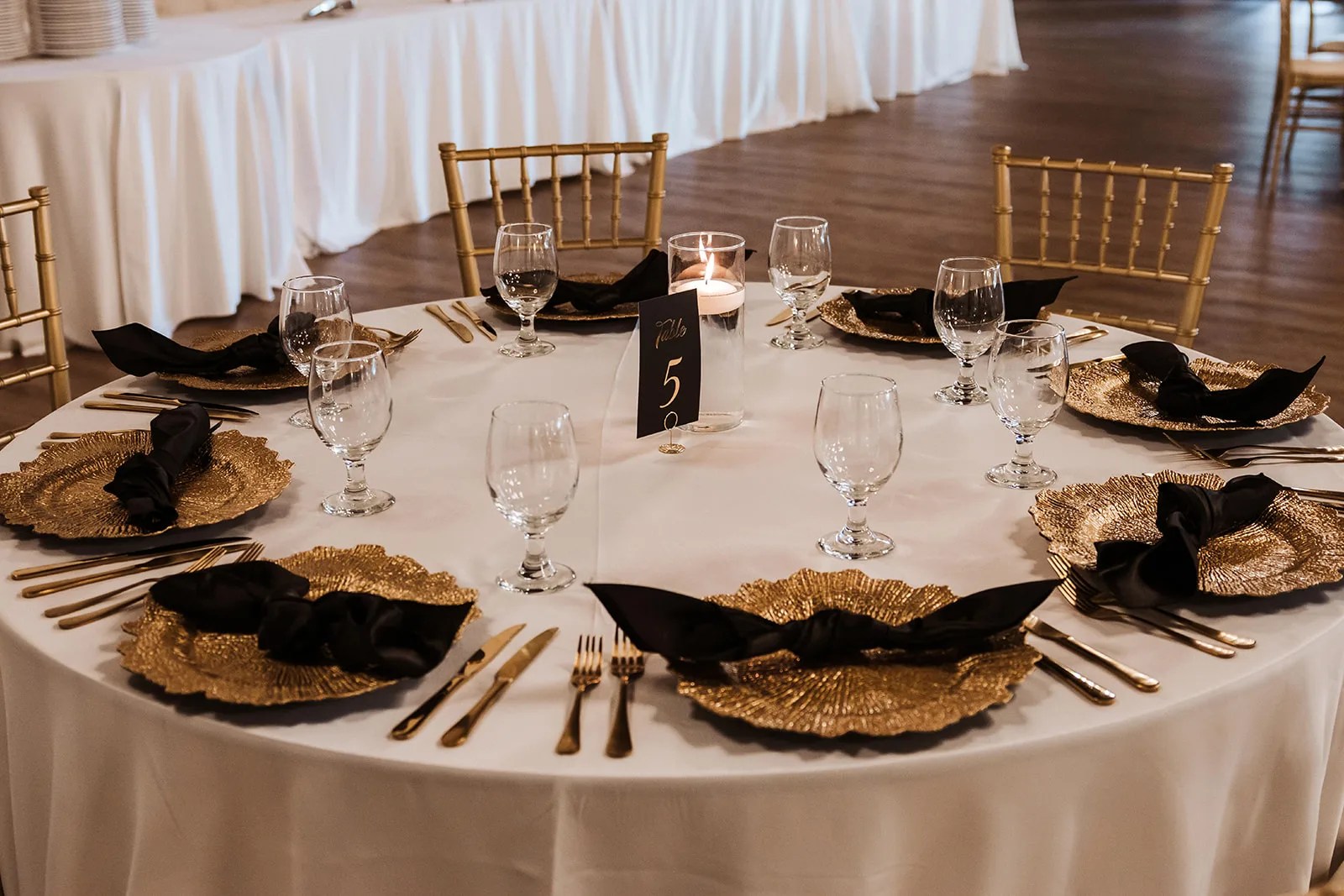 A place setting in the ballroom at Briscoe Manor, Richmond, TX