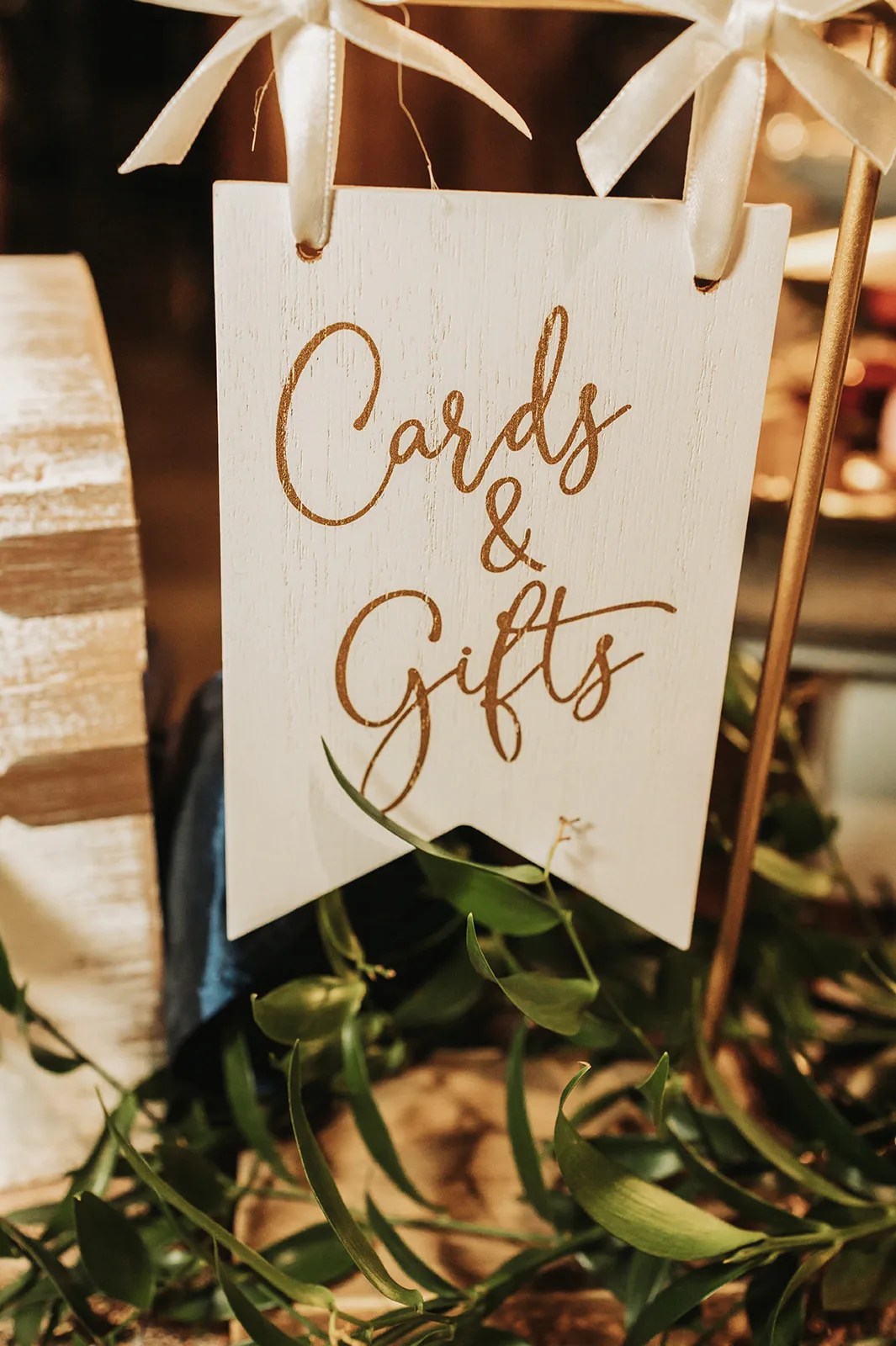 Cards and gifts table at a wedding at Cedar Skies in Burnet, TX