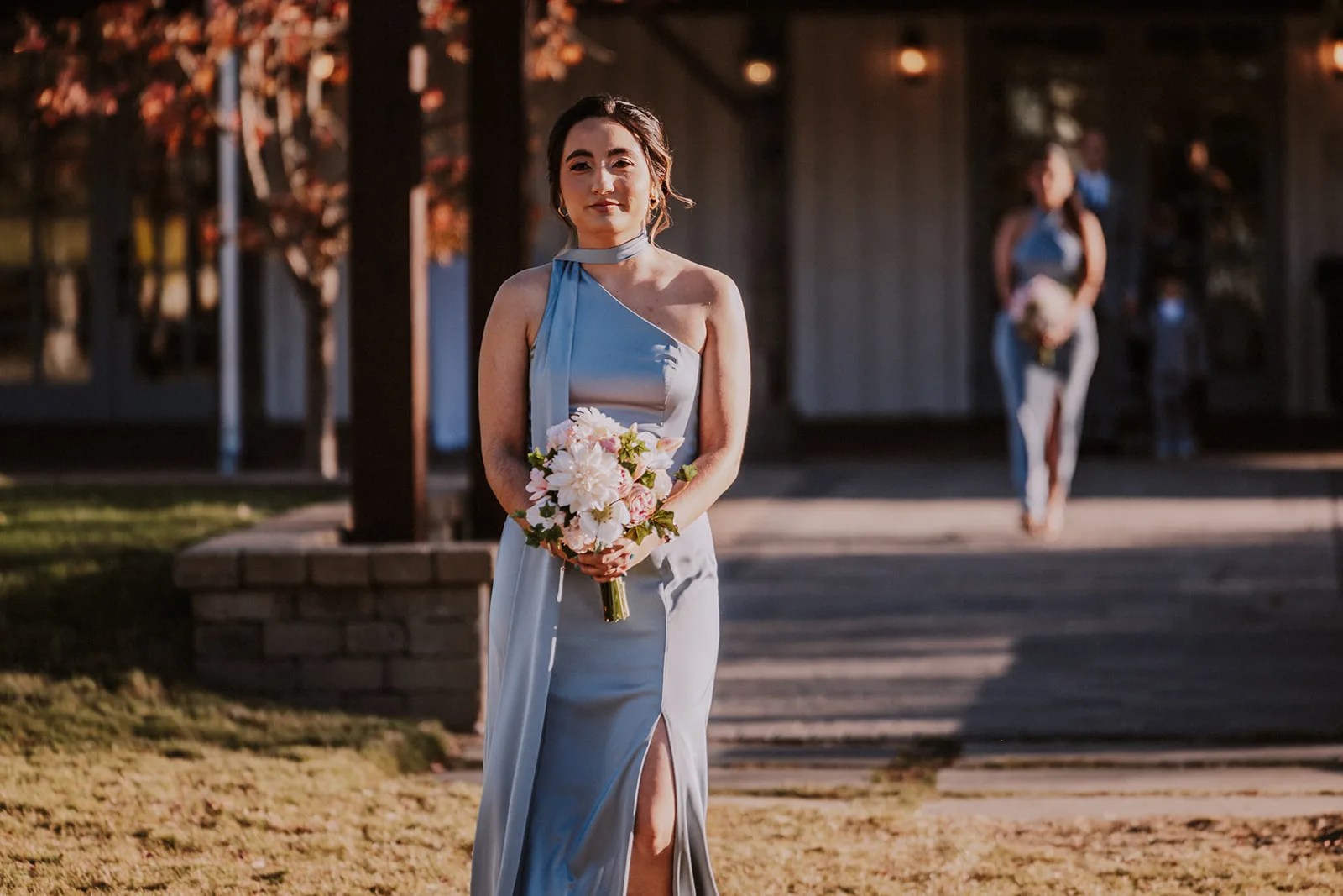 Bride on the porch at Deerfield Estates Venue Waco at Deerfield Estates Venue, Waco, TX