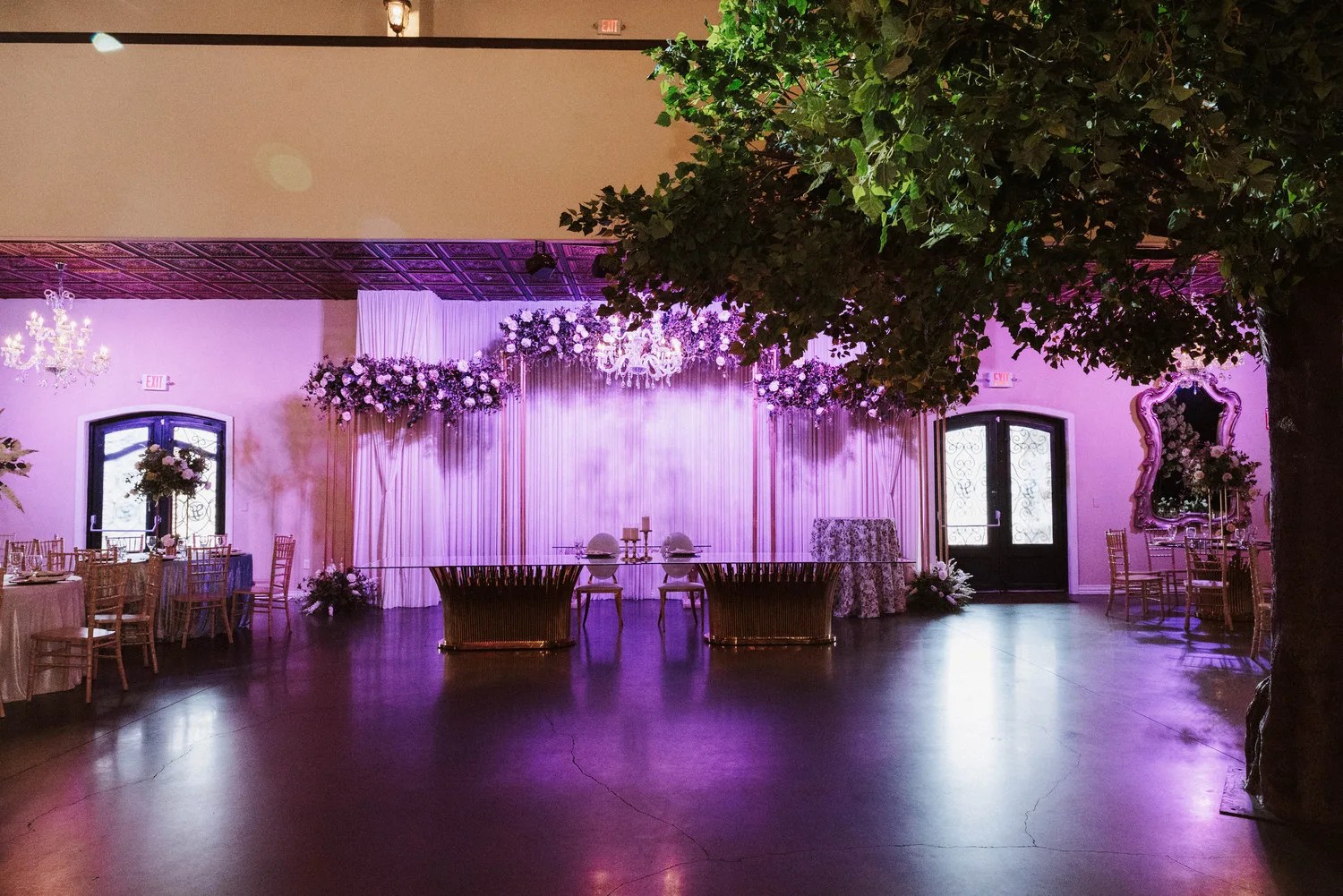 Purple uplighting in the ballroom at D'Gala Ranch, Crosby, TX