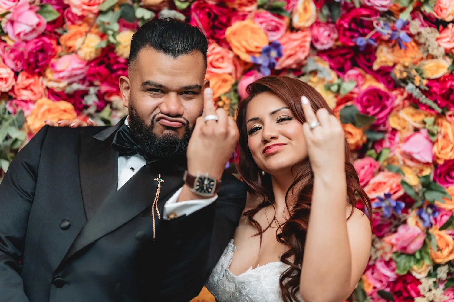 Couple at the flower wall at Eden Events, Houston, TX
