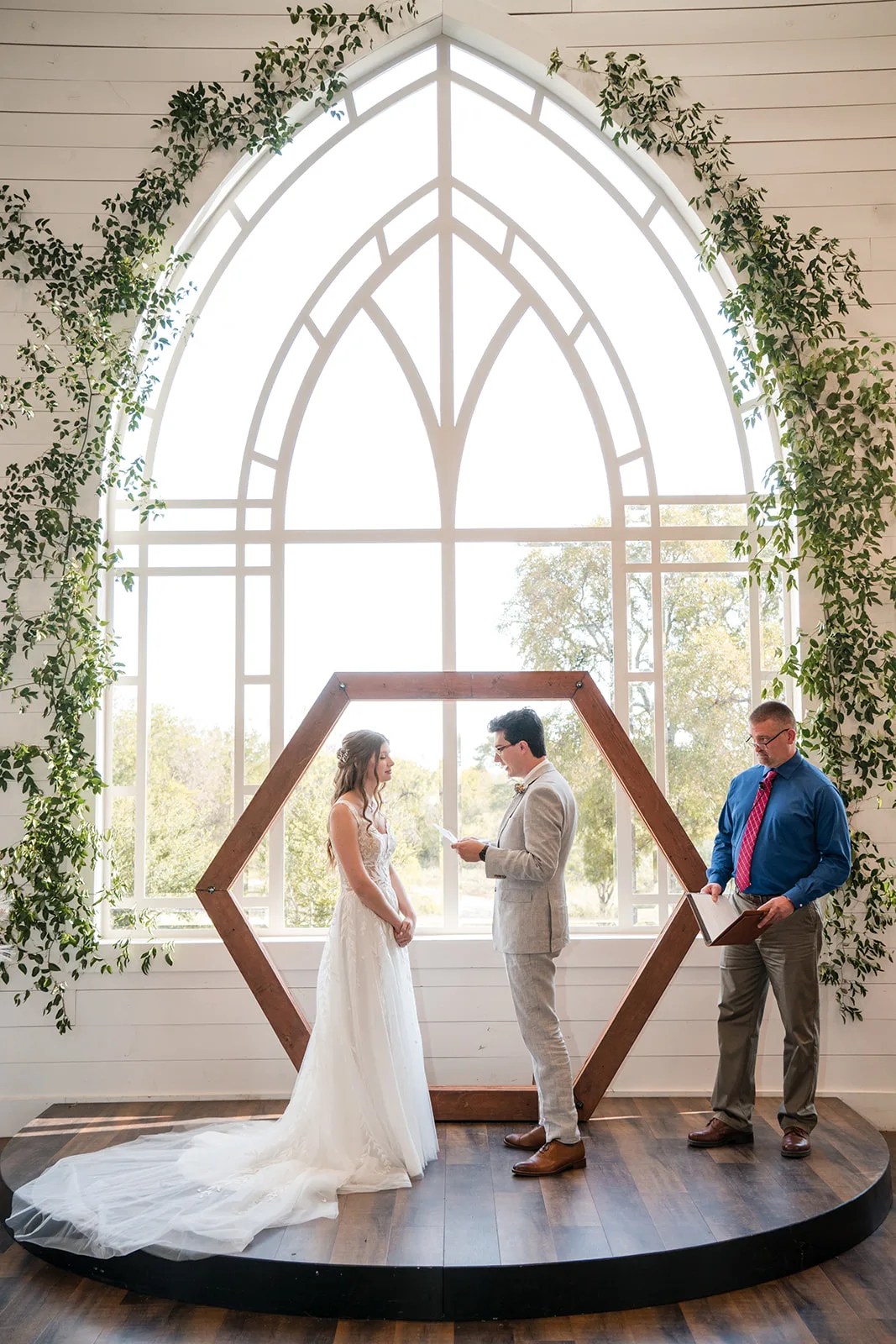 Ceremony arch in the chapel at HighPointe Estate in Liberty Hill, TX
