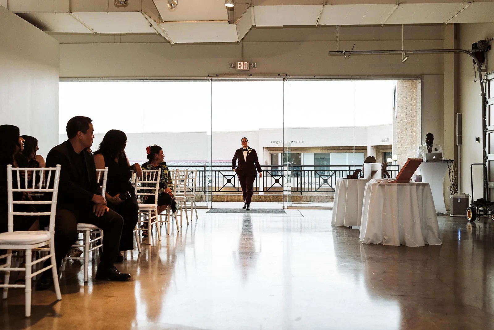 Ceremony setup with city windows at Level Two Events in Dallas, TX