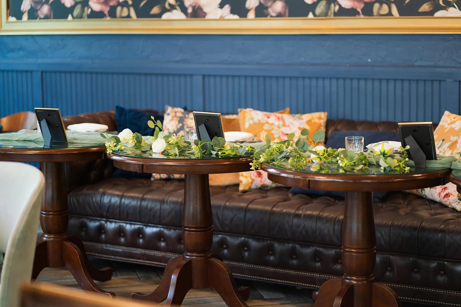 Console and greenery by the bar at Little Hen, Houston, TX