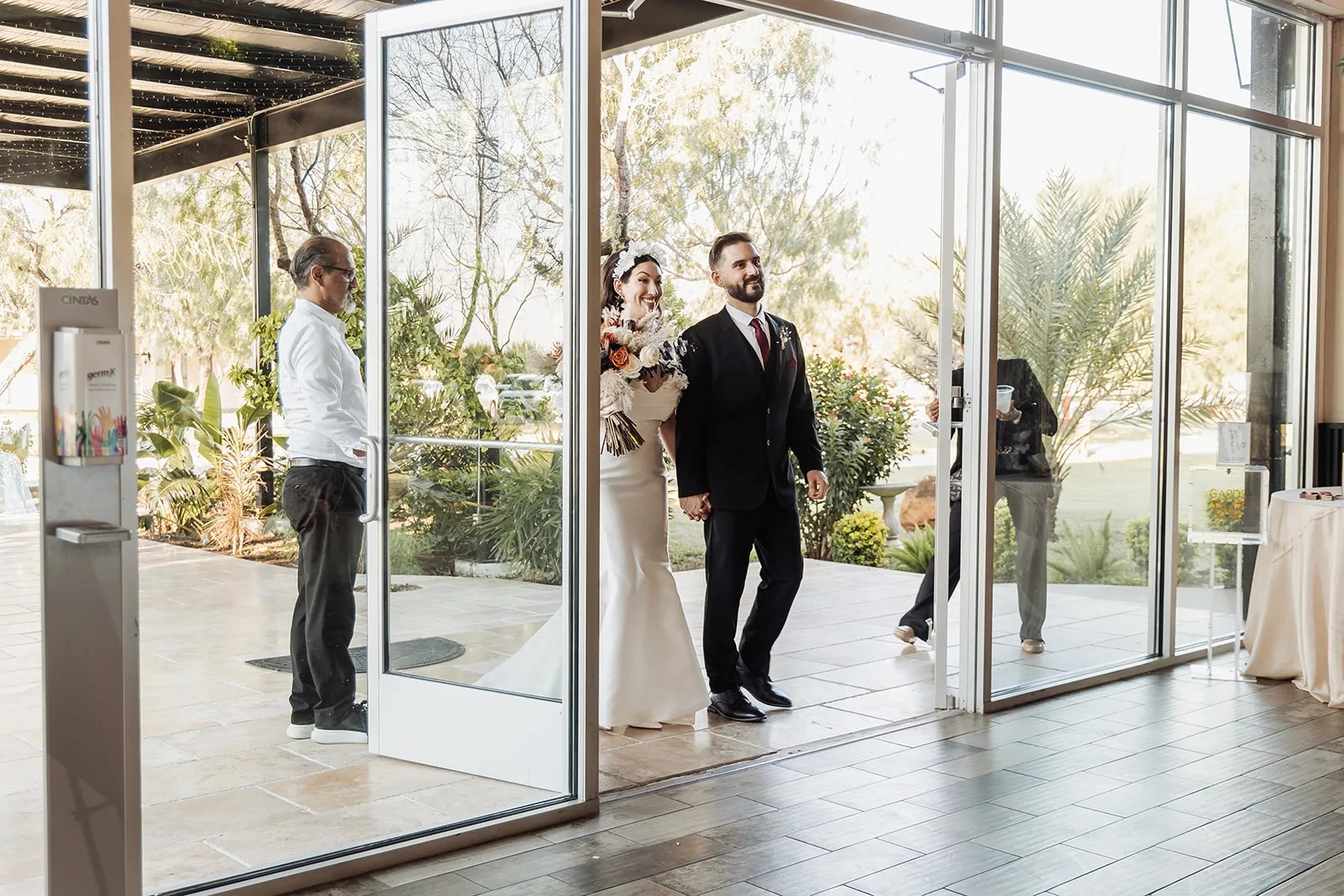 Glass doors opening from the reception hall at Monarca Event Center Edinburg