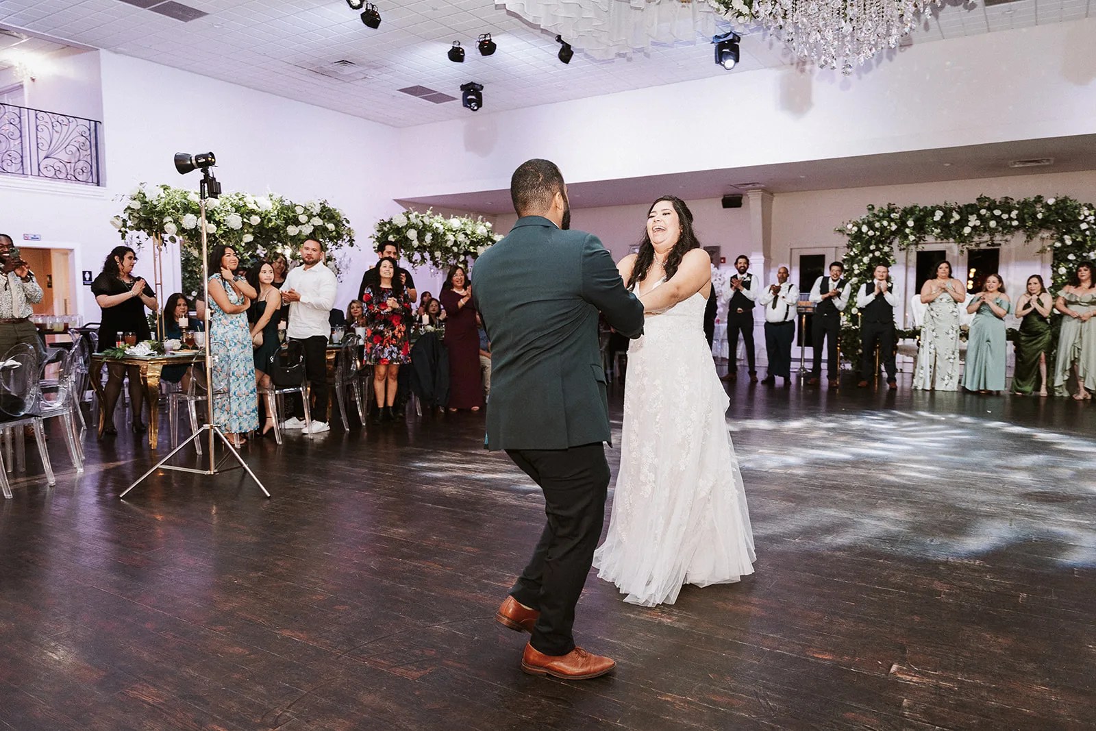 Wide view of the ballroom dance floor at Palms Event Center in Houston, Texas