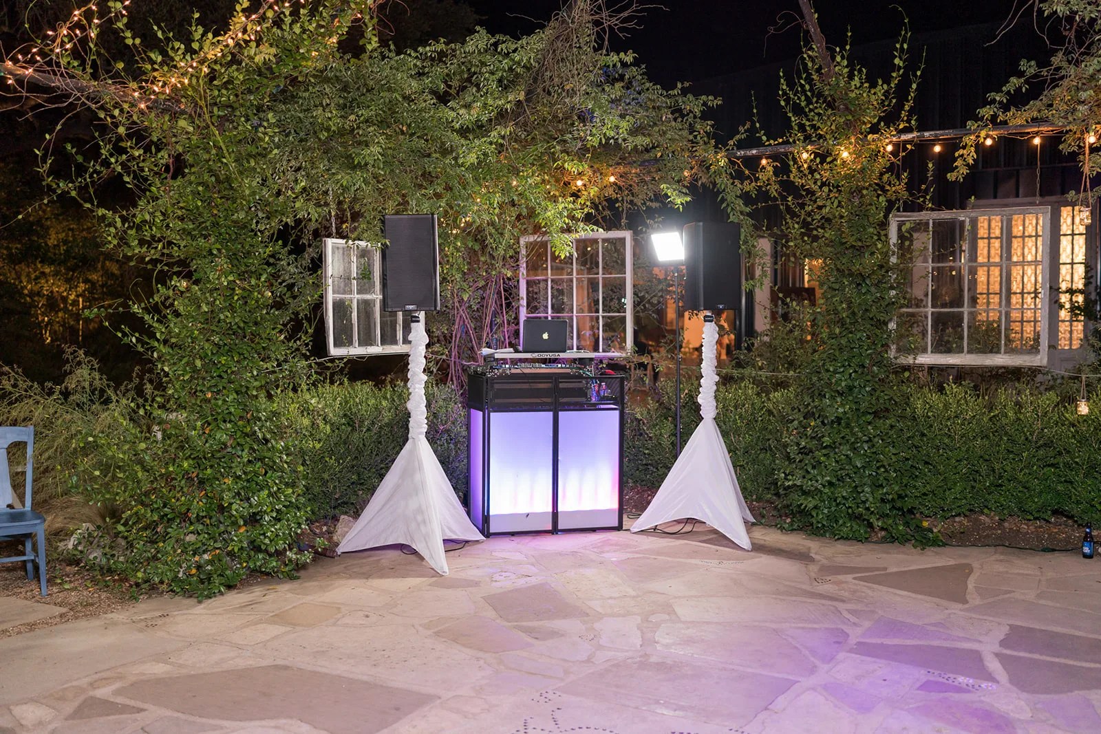 The open air dance floor at night at Rambling Rose Ranch, Austin, TX
