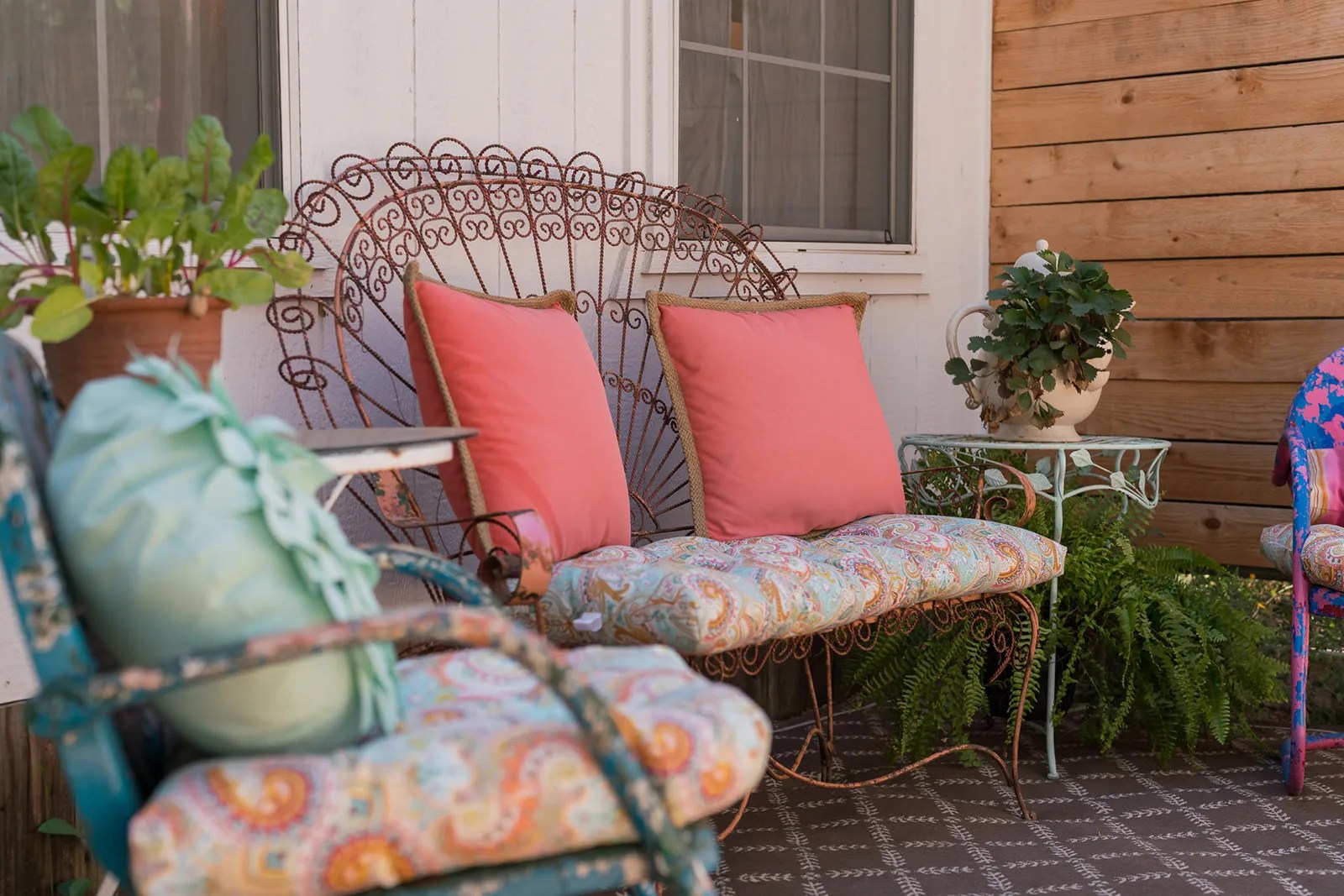 Vintage porch seating at Rambling Rose Ranch, Austin, TX