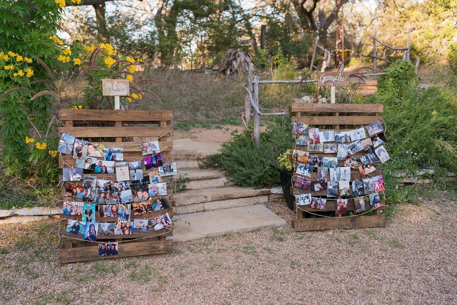Benches under the oak grove at Rambling Rose Ranch, Austin, TX