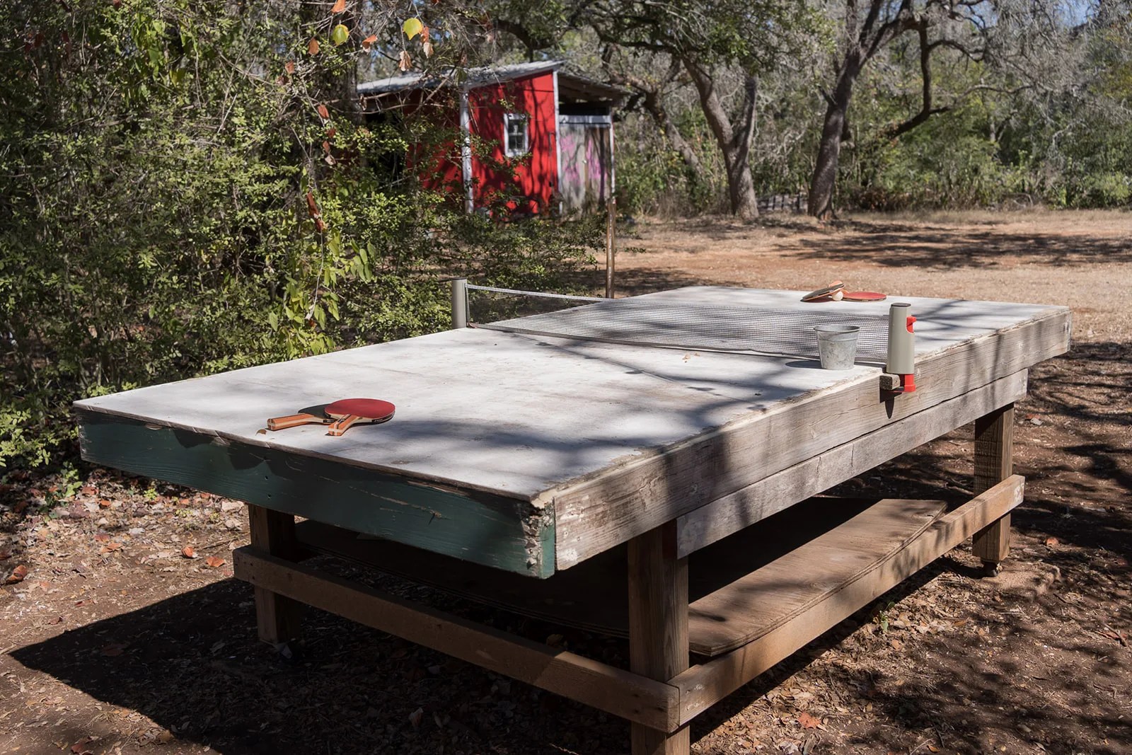 The pool table in the covered area at Rambling Rose Ranch, Austin, TX