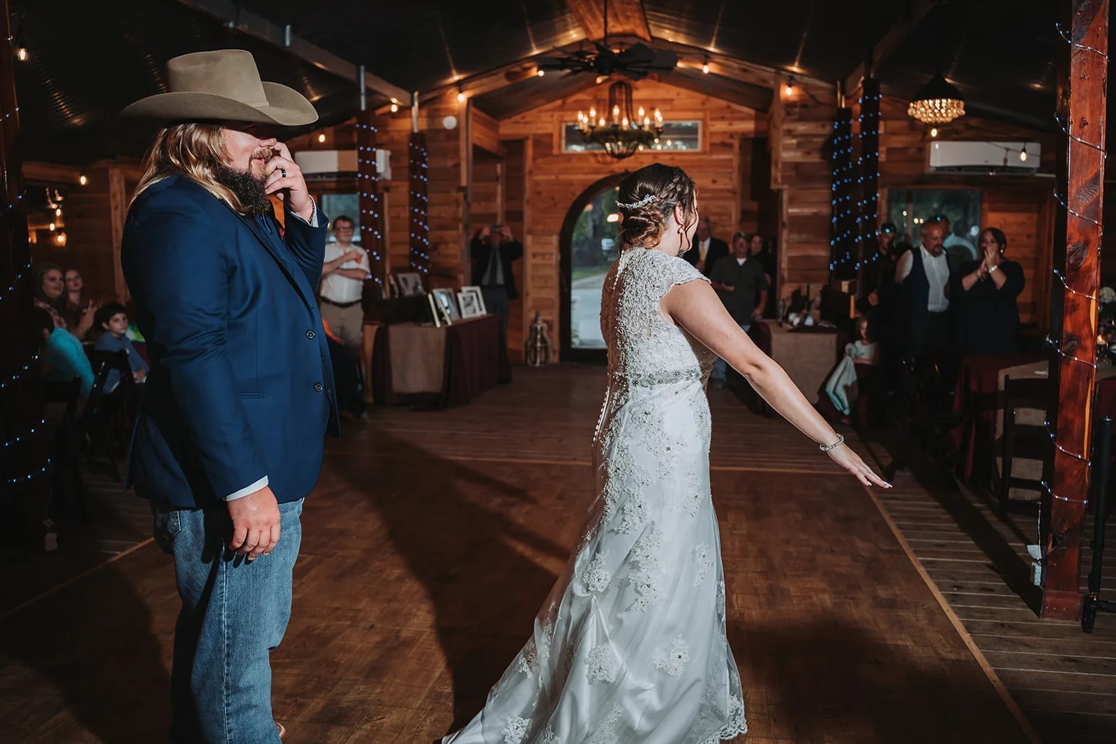 Bride in the reception hall at SJP Ranch, Cleveland, TX