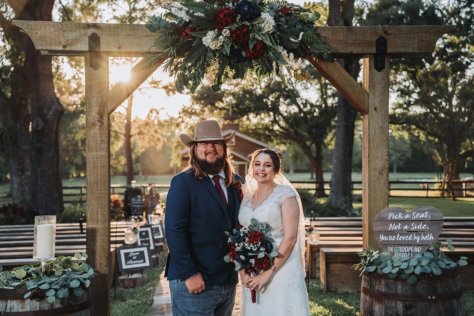The ceremony arbor on the lawn at SJP Ranch, Cleveland, TX
