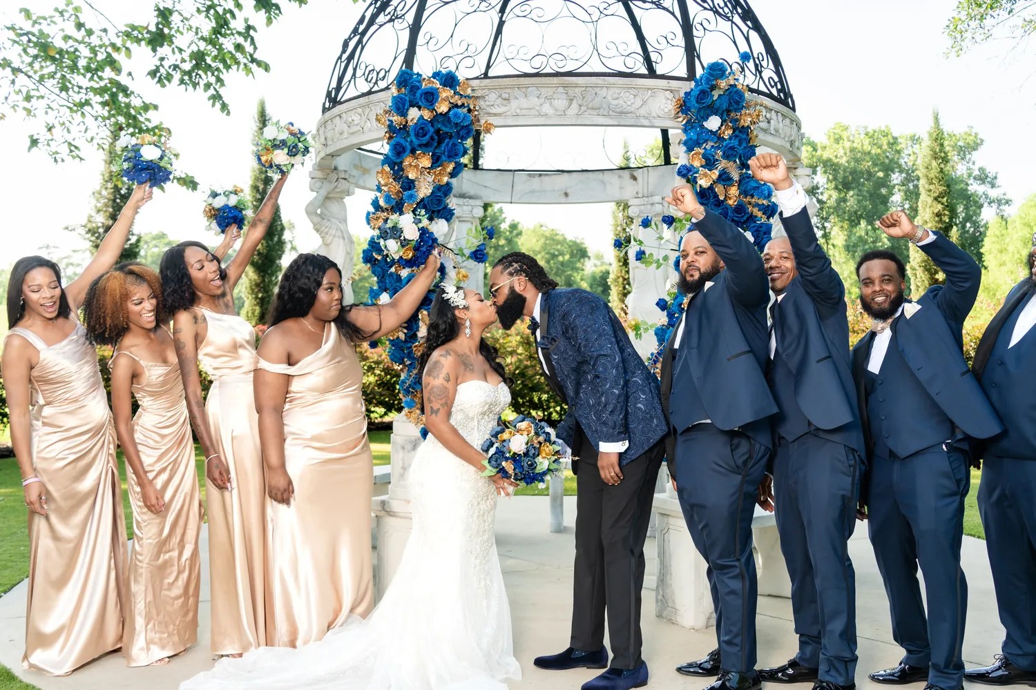 Bridesmaids by the stone columns at Starshine Texas, Houston, TX