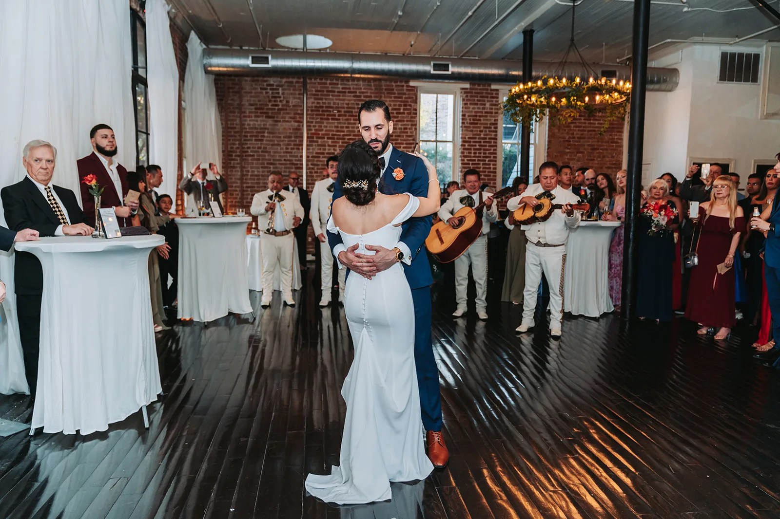 Station 3 wedding venue in Houston, TX, reception room with brick walls and white columns