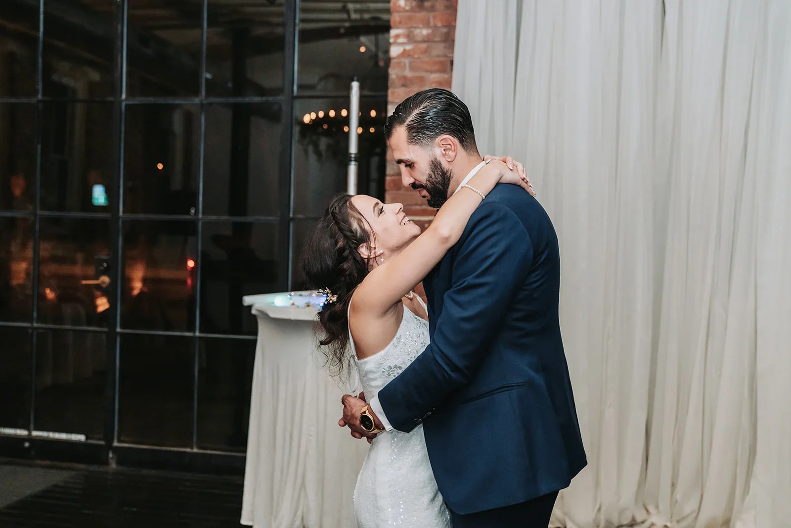 Bride and groom with uplighting at Station 3 in Houston, TX