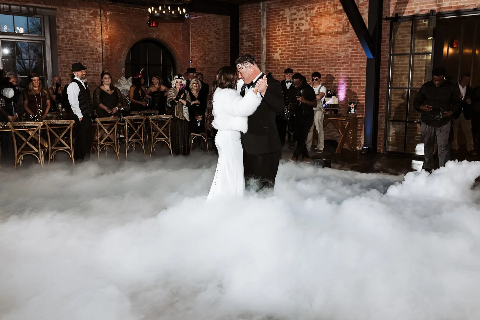 Wedding reception dance floor with fog effect at The Graily at The Graily, Waxahachie, TX
