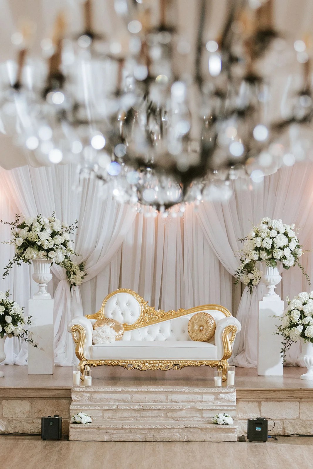 Draped ceiling and florals at a Milestone Georgetown wedding reception, Georgetown, TX