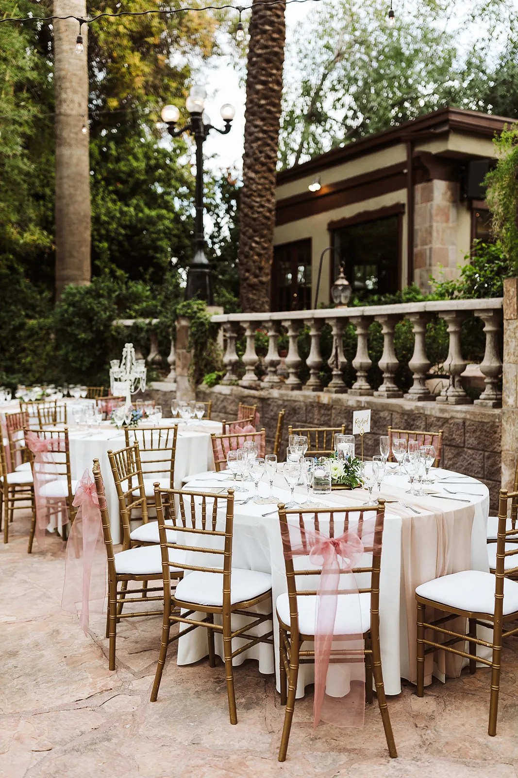 Reception tables along the balustrade at The Wright House, Mesa, AZ