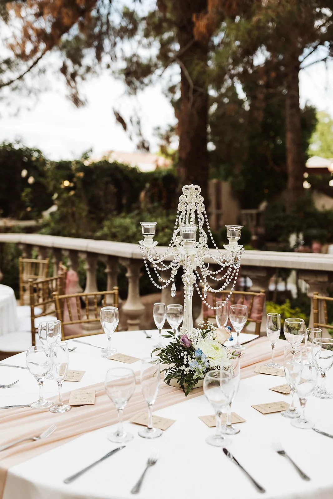 A chandelier above the garden table at The Wright House, Mesa, AZ