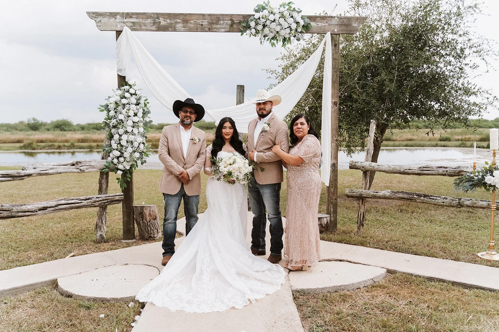 The draped ceremony arch at Tin Spur Ranch, Inez, TX