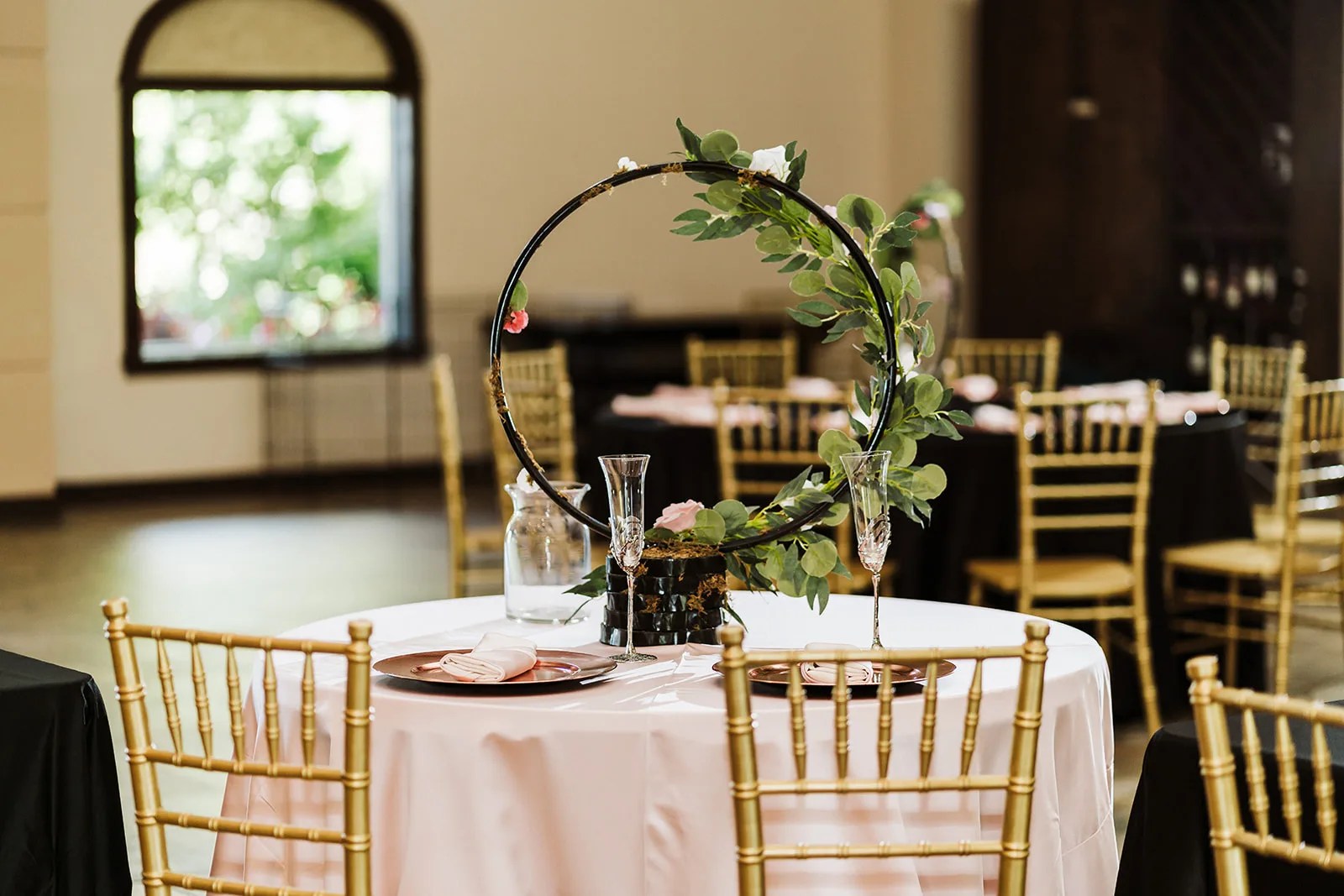Ballroom set for a wedding reception at Tuscan Courtyard in Dickinson, TX