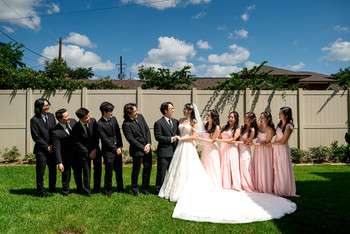 Wedding party poses on lawn with bride in white ball gown, groom in black suit, bridesmaids in pink gowns, and groomsmen in black suits