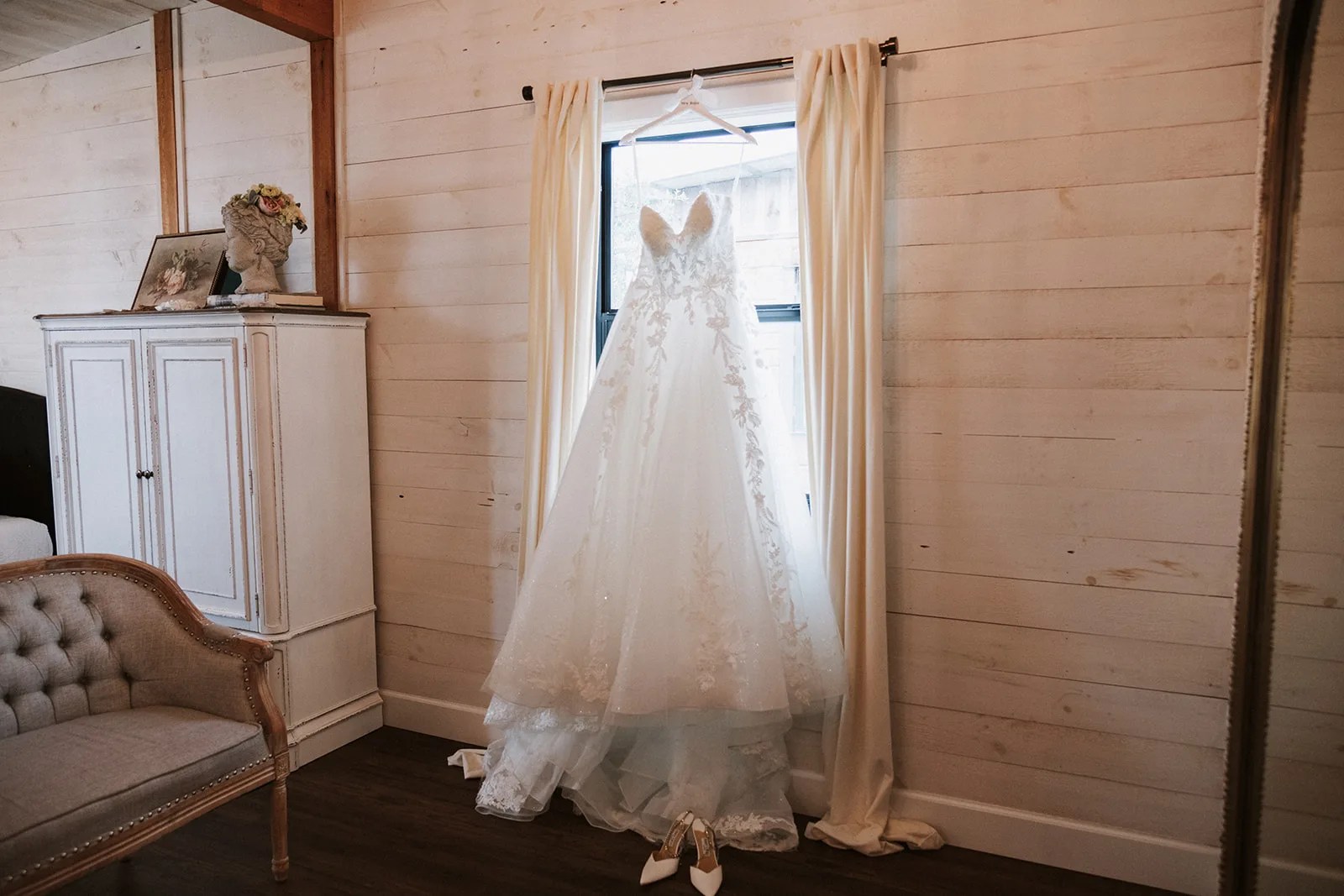Wedding dress in the cabin at Willow Ridge at Willow Ridge, New Braunfels, TX