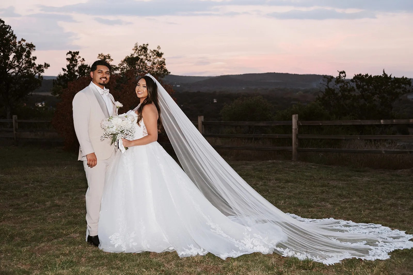 Bride at sunset over the Hill Country at Willow Ridge at Willow Ridge, New Braunfels, TX