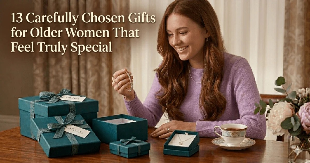 Elegant gift items arranged on a table, representing carefully chosen thoughtful presents for older women that feel meaningful and special.