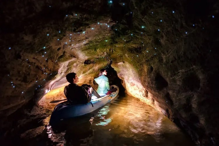 two people in a kayak exploring the glowworm caves on lake okareka with paddle board rotorua