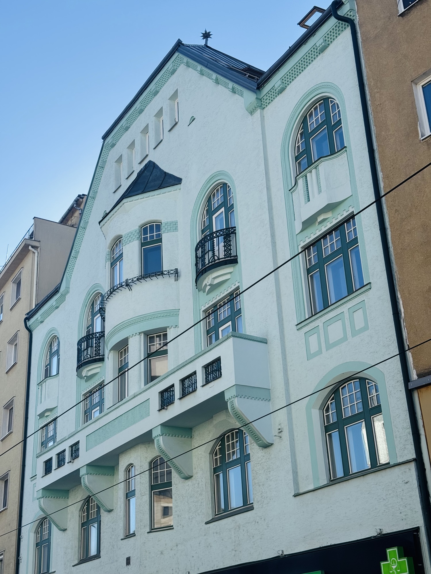 White and teal building in Slovakia